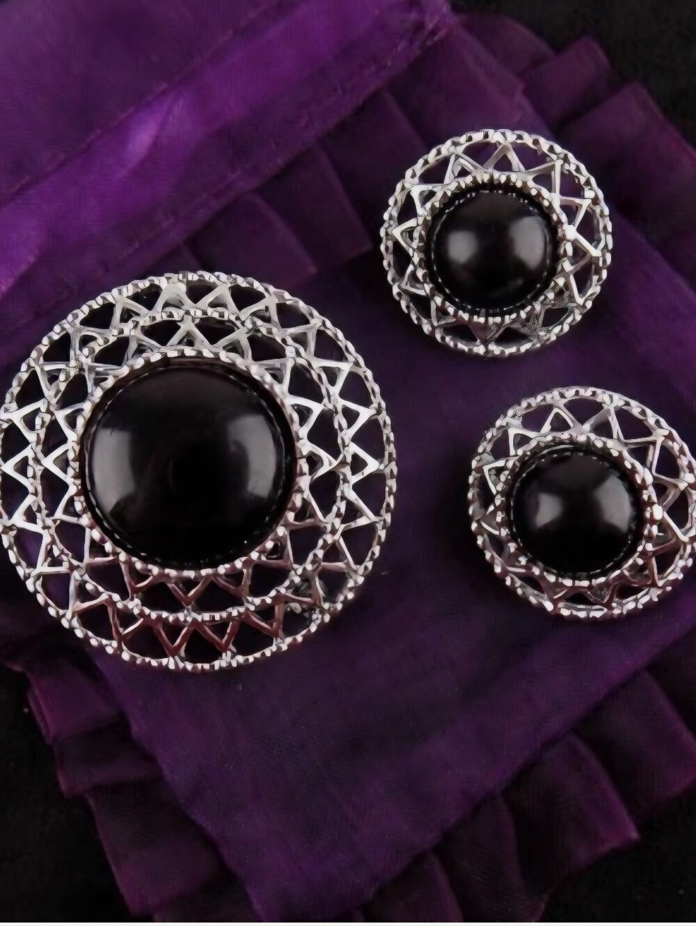 Vintage Sarah Coventry Silver Tone Black Brooch Pin & Clip On Earrings